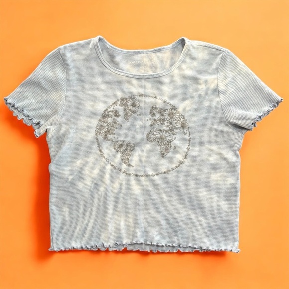 American Eagle Outfitters Tops - American Eagle Outfitters Light Blue Earth Graphic Crop Tee Tie Die Ruffle Hem M